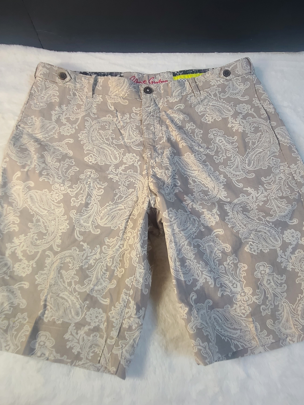 Robert Graham Paisley Print Shorts with Neon Trim - Gray & Yellow